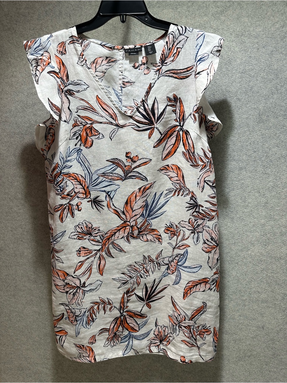 Tahari Cream Tropical Floral Linen V-Neck Shift Dress with Orange & Blue Leaves